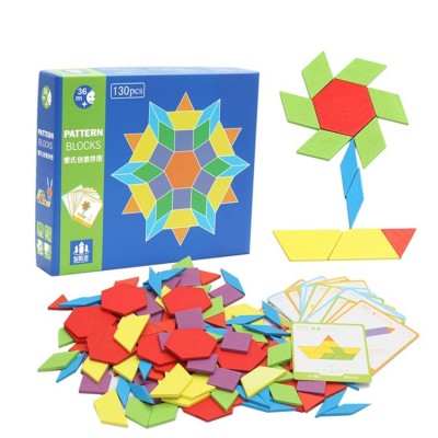  Дерев'яна геометрична мозаїка пазл з картками, 130 деталей PATTERN BLOCKS