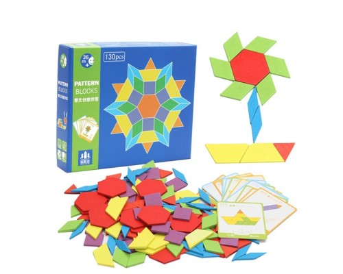  Дерев'яна геометрична мозаїка пазл з картками, 130 деталей PATTERN BLOCKS