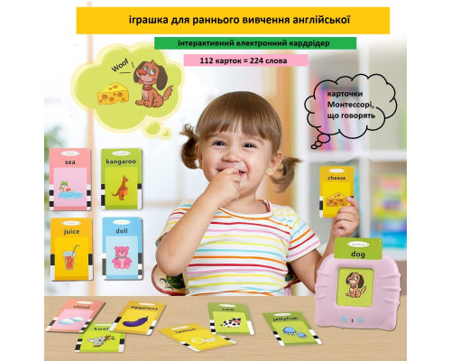 Кишенькова абетка: розмовляючі навчальні картки Монтессорі для вивчення англійської мови 224 слова Котик рожевий