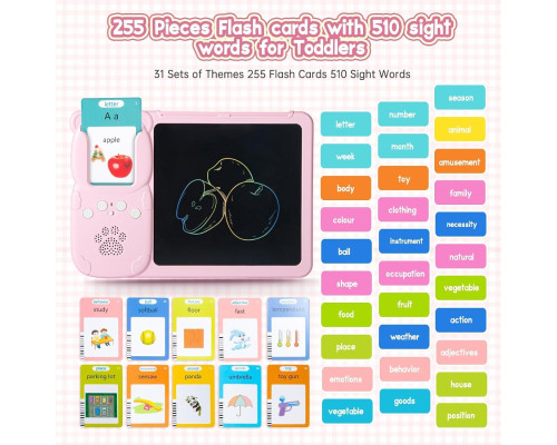 Говорячі навчальні картки Монтессорі + інтерактивний планшет та LCD-дошка для малювання 510 англійських слів  Ведмежатко (рожевий)