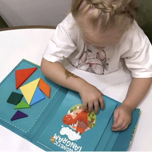 Магнітний танграм у папці з книжкою завдань Дерев’яна розвиваюча головоломка для дітей - бірюзовий (динозавр)