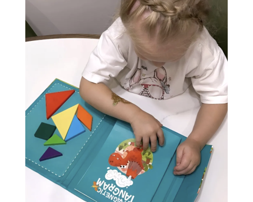 Магнітний танграм у папці з книжкою завдань Дерев’яна розвиваюча головоломка для дітей - бірюзовий (динозавр)